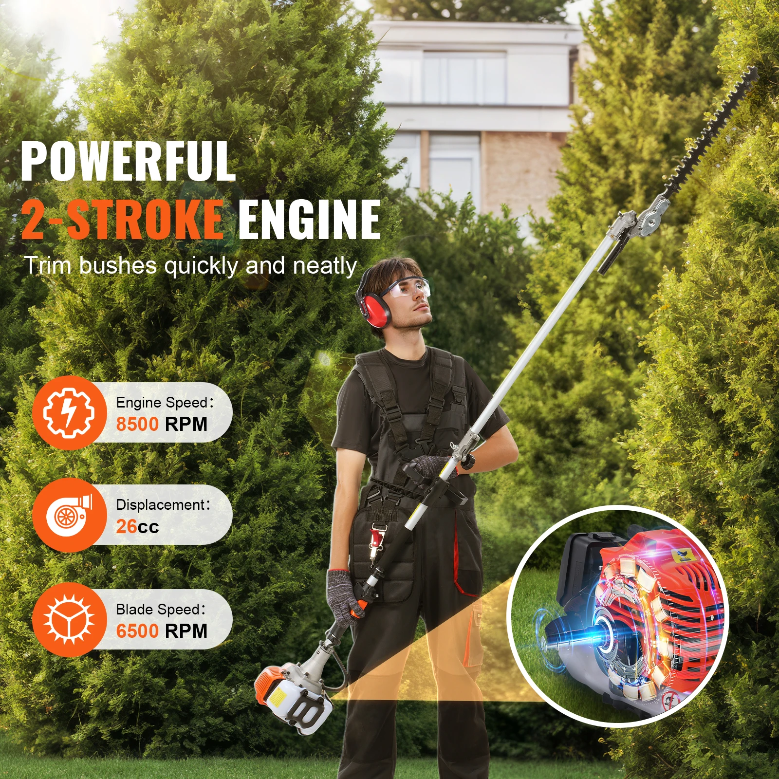 SucceBuy 26CC 5-in-1 Multi-Functional Trimming Tools Gas Hedge Trimmer Weed Eater String Trimmer Edger Pole Saw Chainsaw Pruner