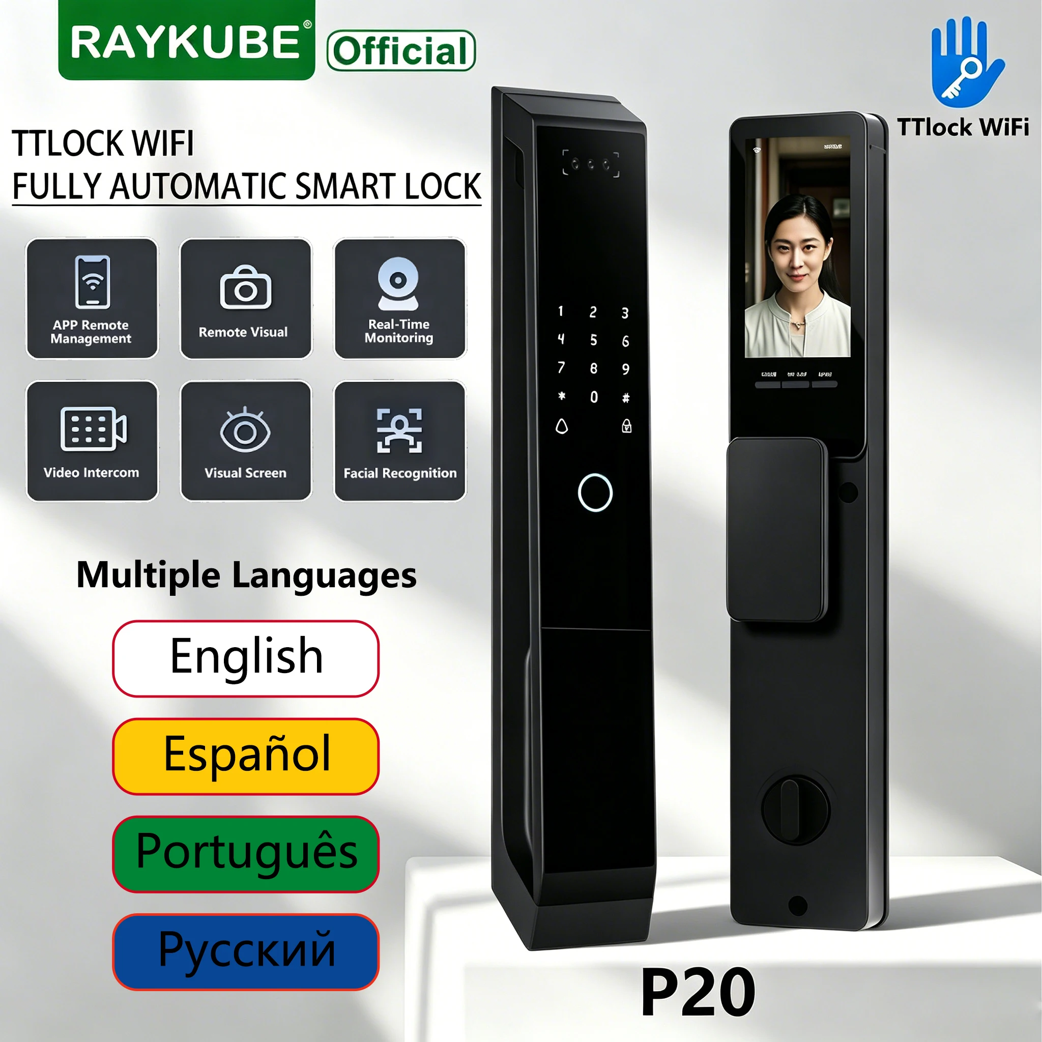 RAYKUBE P20 WiFi TTlock Automatic Smart Lock, Face & Palm Vein Recognition, Visual Intercom APP Remote Unlock