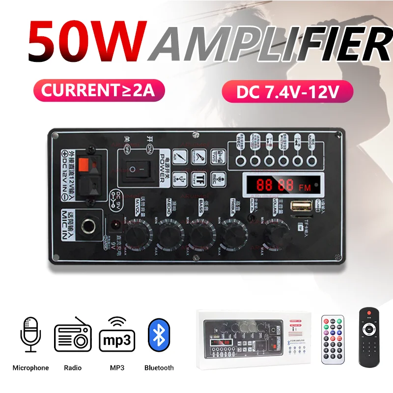50W Stereo Amplifier Board w/ Display, Metal Case,  2.*25W 7.4-12V Input, Power Cable, Bluetooth5.0/USB/AUX