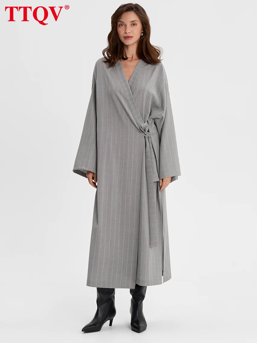 

TTQV Fashion Loose Stripe Print Women's Dress 2026 Casual V-Neck Long Sleeve Ankle Length Dresses Elegant Lace-Up Female Dress