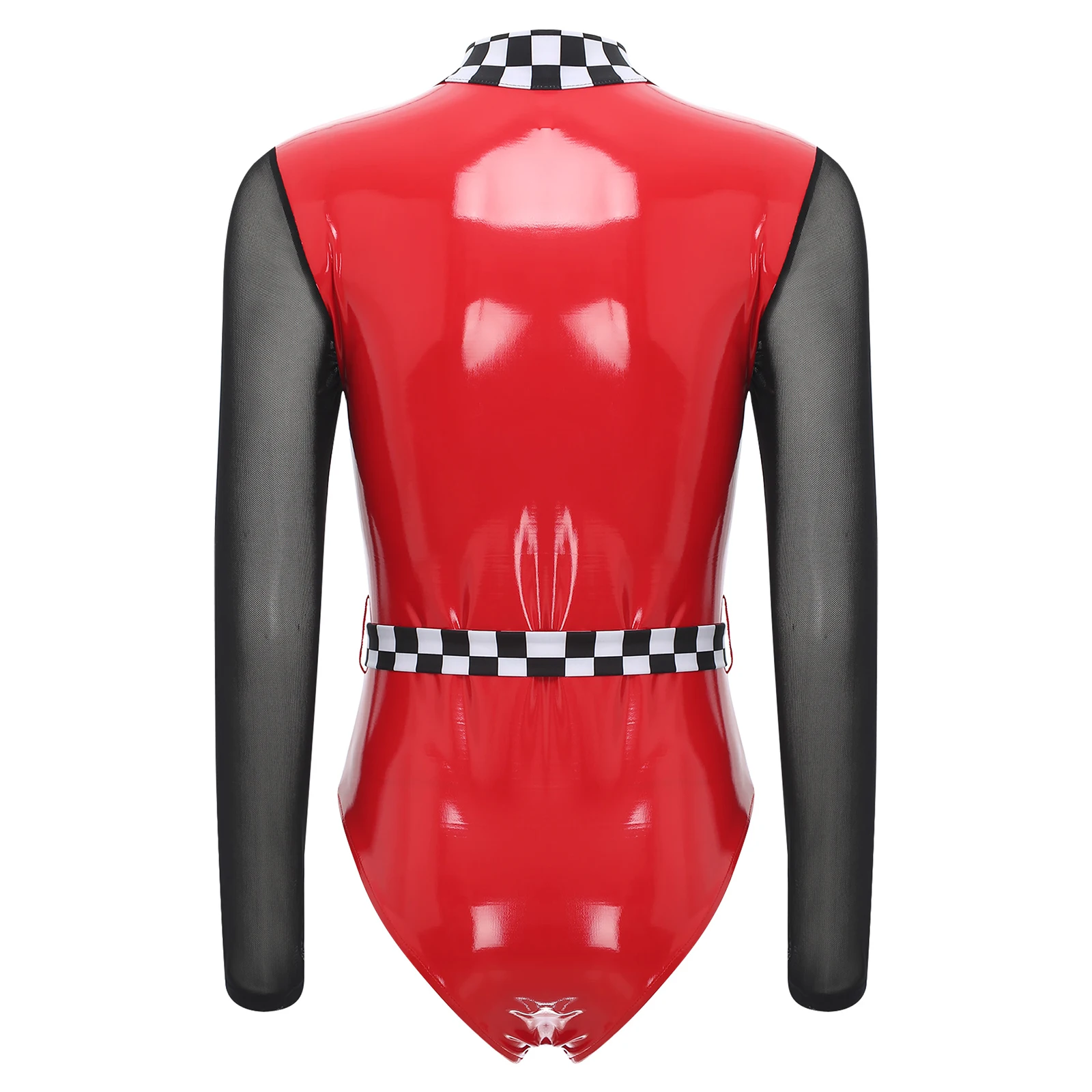 Womens Speed Race Car Driver Bodysuit with Belt Checkerboard Sheer Mesh Front Zipper Patent Leather Jumpsuit Leotard for Club