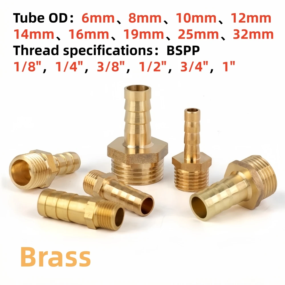 

Brass Hose Fitting 6/8/10/12/14/16/19/25/32mm Barb Tail 1/8" 1/4" 3/8" 1/2" 3/4" 1" BSPP Male Thread Copper Connector Coupler