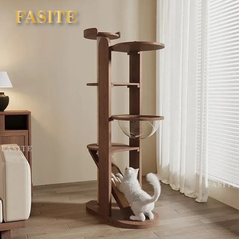 For Luxury Solid Wood Large Cat Climbing Frame Walnut Multi-layer Cat Tree with Space Capsule Villa