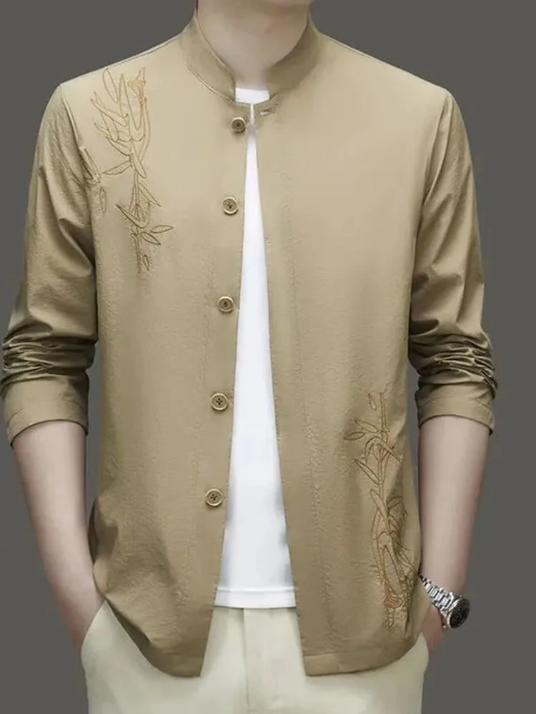 

Летняя ультратонкая куртка из ледяного шелка для мужчин, дышащая, с защитой от солнца, воротником-стойкой, в китайском стиле, молодежная модная верхняя одежда