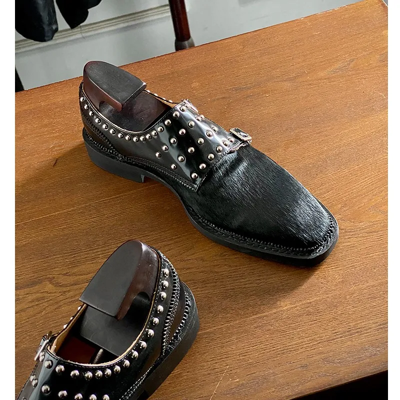 JINIWU 2026 AW Men's Black Studded Monk Shoes, Horsehair & Cowhide Formal Buckle Strap Dress Shoes