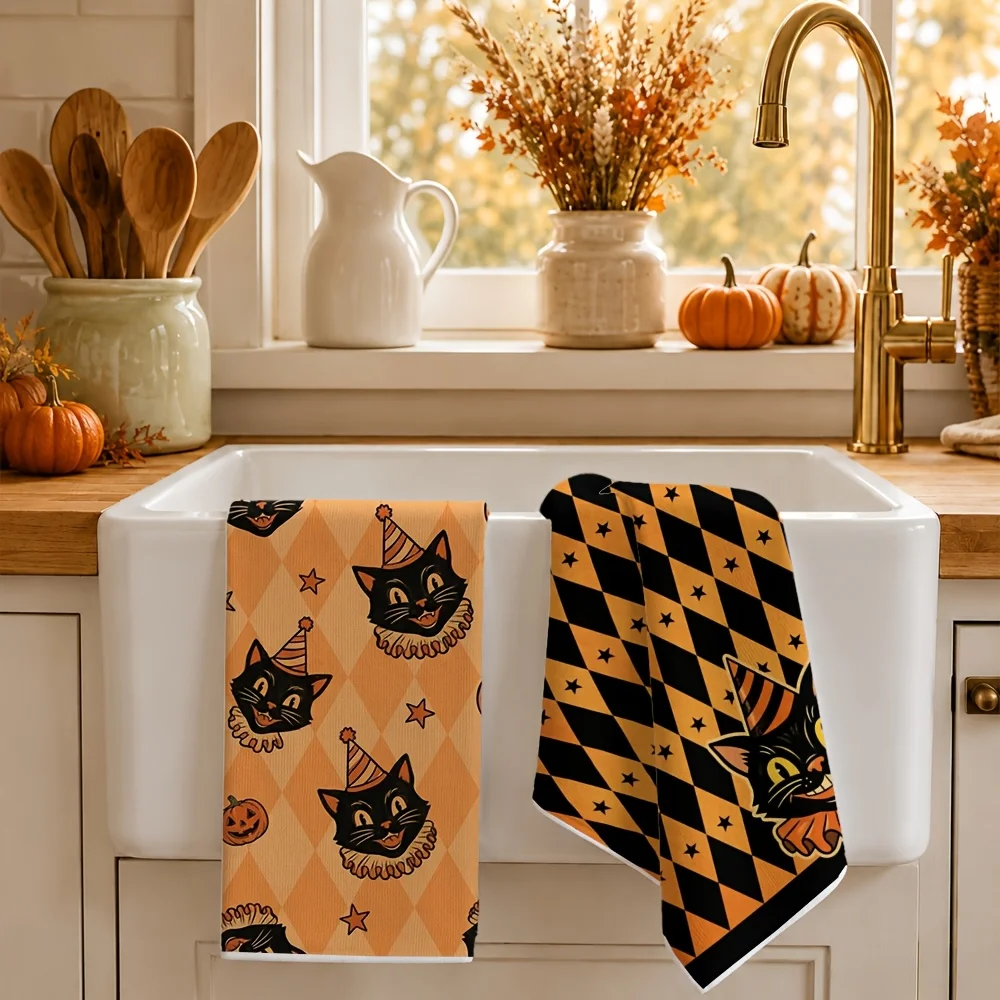 2-Piece Set of Randomly Assorted Vintage Clown-Style Autumn Kitchen Towels (Black Cat and Pumpkin Design), 2-Pack, Highly Absorbent Dish Towels for Drying Dishes, Cute Autumn and Halloween Pumpkin-Themed Tea Towels, Su