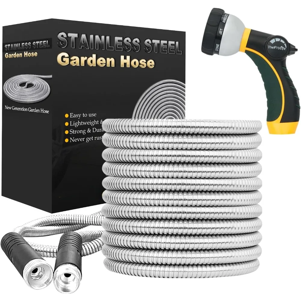 Metal Garden Hose, Upgrade Leak and Fray Resistant Design, with Solid Fittings and Sprayer Nozzle, Garden Hose