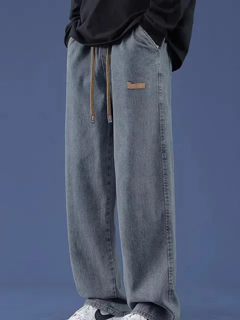 

Drawstring Waist Straight Leg Wide Leg Pants Men's Casual Loose Fit Jeans mid Waist Rope Closure Long Trousers