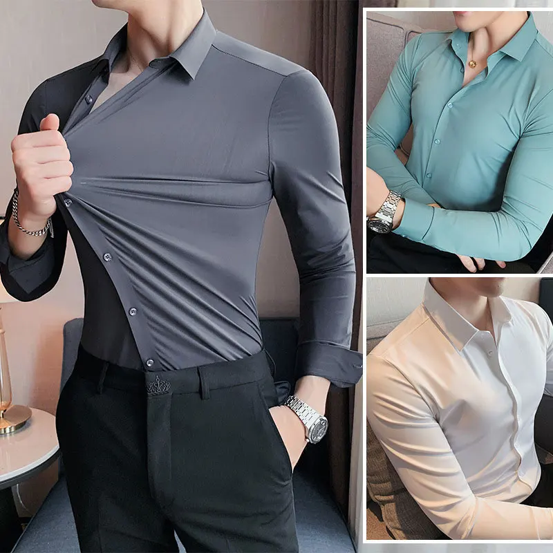 Men's Short shirt sleeve ice silk spring summer seamless high stretch non-ironing anti-wrinkle business casual solid color