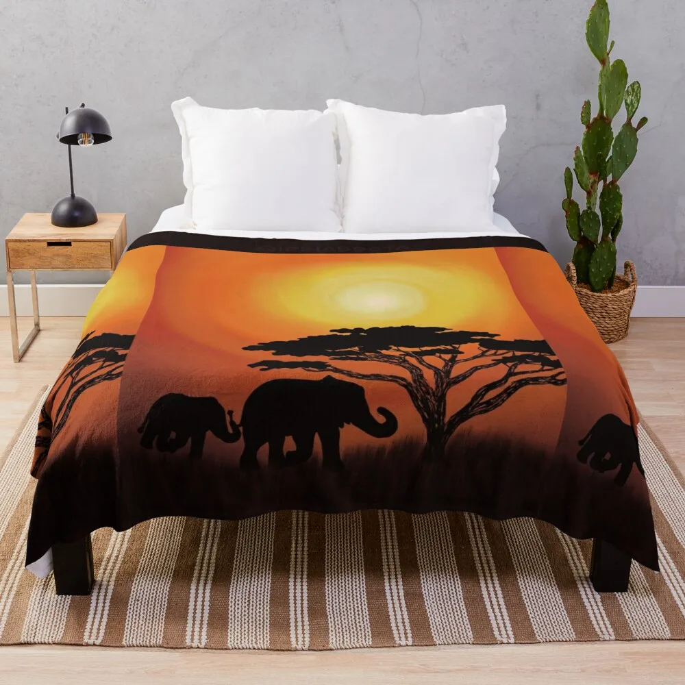 

African sunset with elephants Throw Blanket Soft Plush Plaid Blanket Fluffy