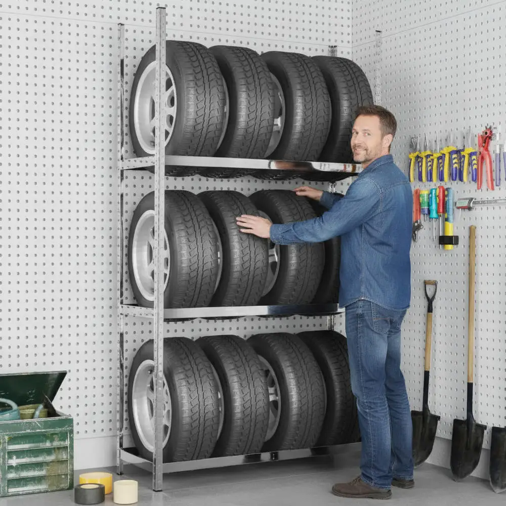 Étagère de rangement pour pneus 110 x 40 x 200 cm, structure en acier robuste, étagères réglables en hauteur, organisateur de garage haute résistance pour un rangement soigné