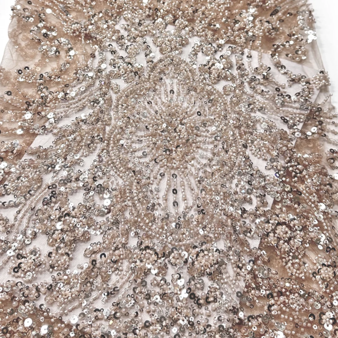 

Кружевная ткань с мотивом Королевского арочного орнамента, высококачественная, с бисером и пайетками, французская вышивка на тюле, для свадебных платьев в нигерийском стиле, материал для свадебных нарядов.