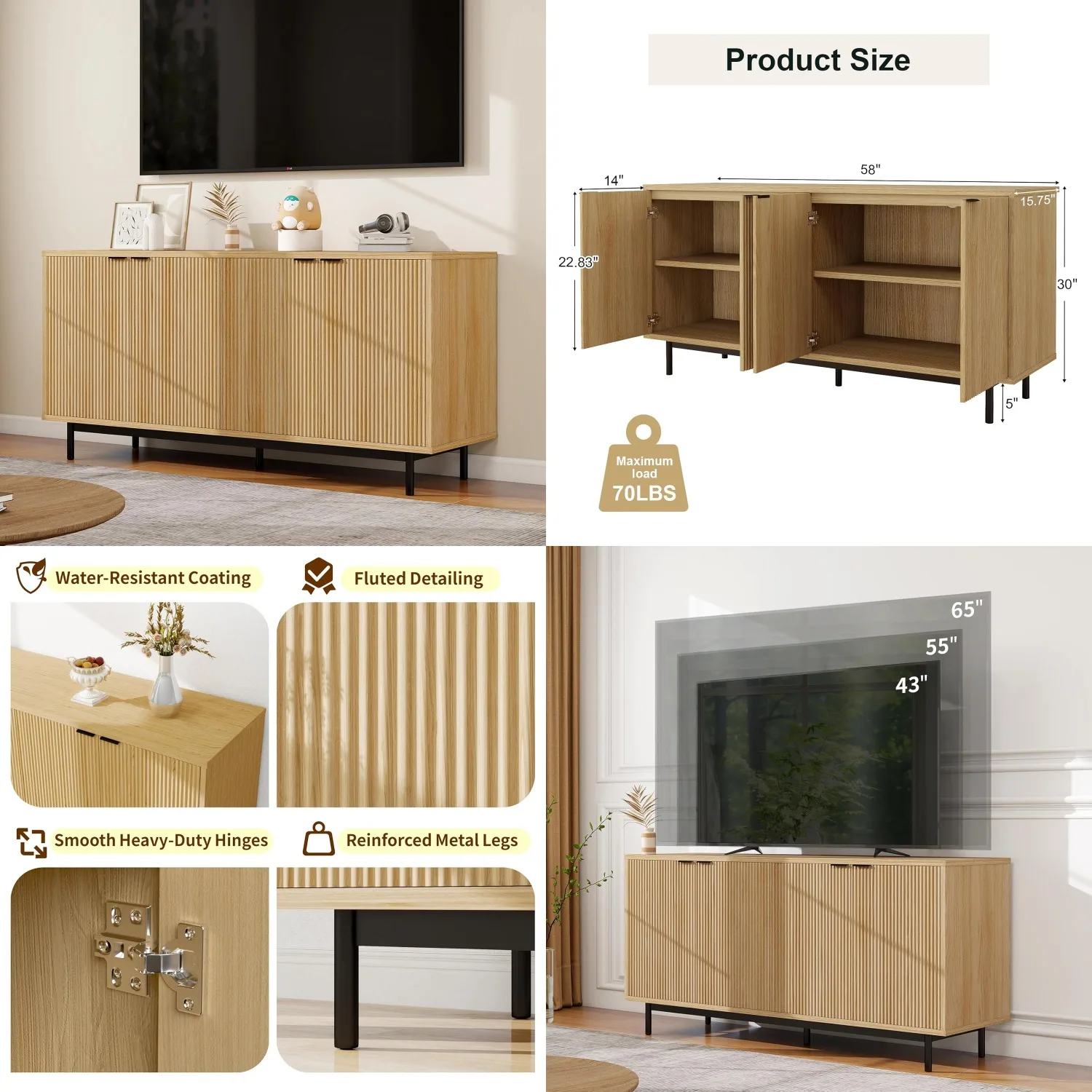 

Modern TV Stand Media Console Wood Storage Adjustable Shelves Living Room 65 Inch Customized