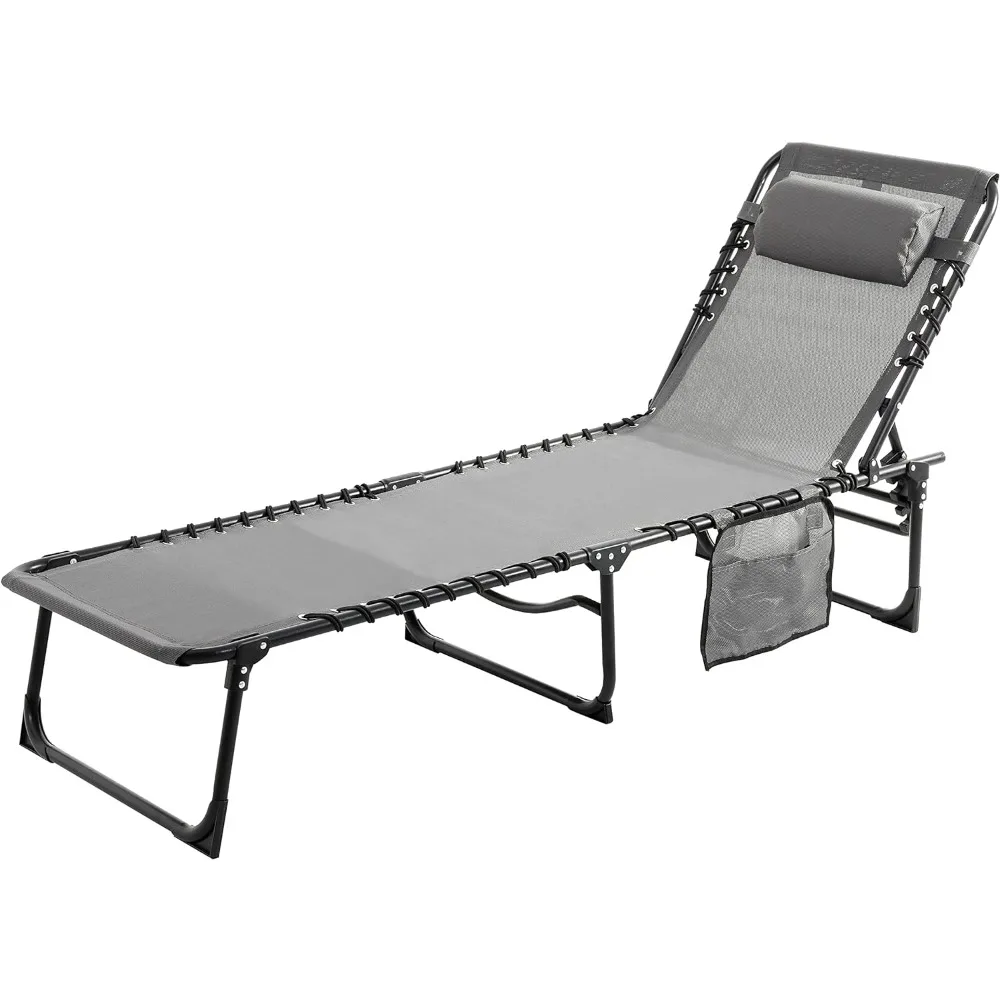 

Outdoor Foldable Chaise Lounge Chair with Detachable Pillow & Pocket, Portable Tanning Chair with 4 Position Adjustable Back