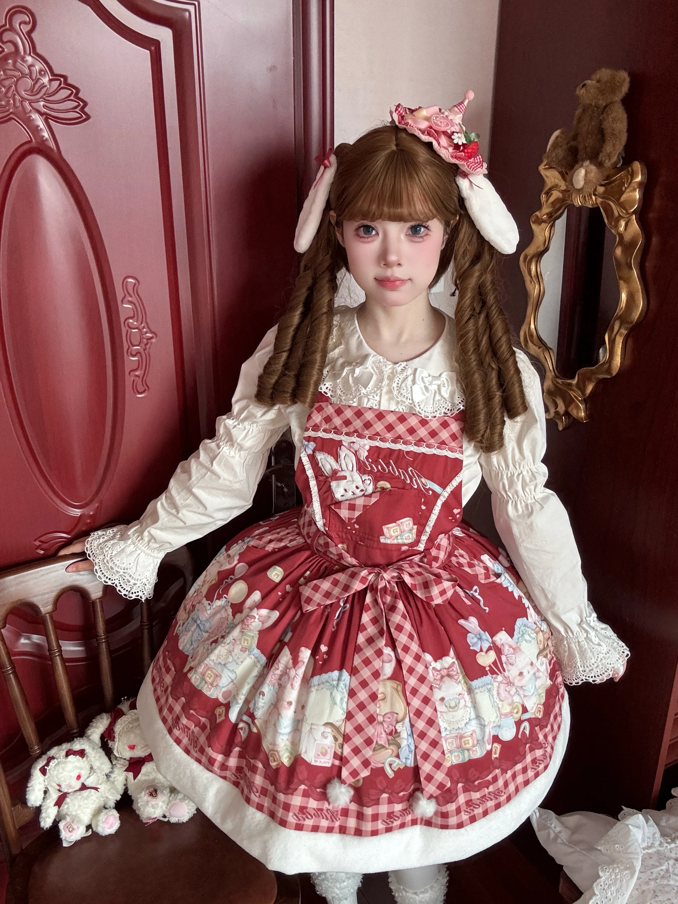 Original Lolita Red Dress Set Jsk Summer Sweet Girls Cute Printed Bow Birthday Dress Lori Lo Daily Mini Dress Short Sleeve Shirt