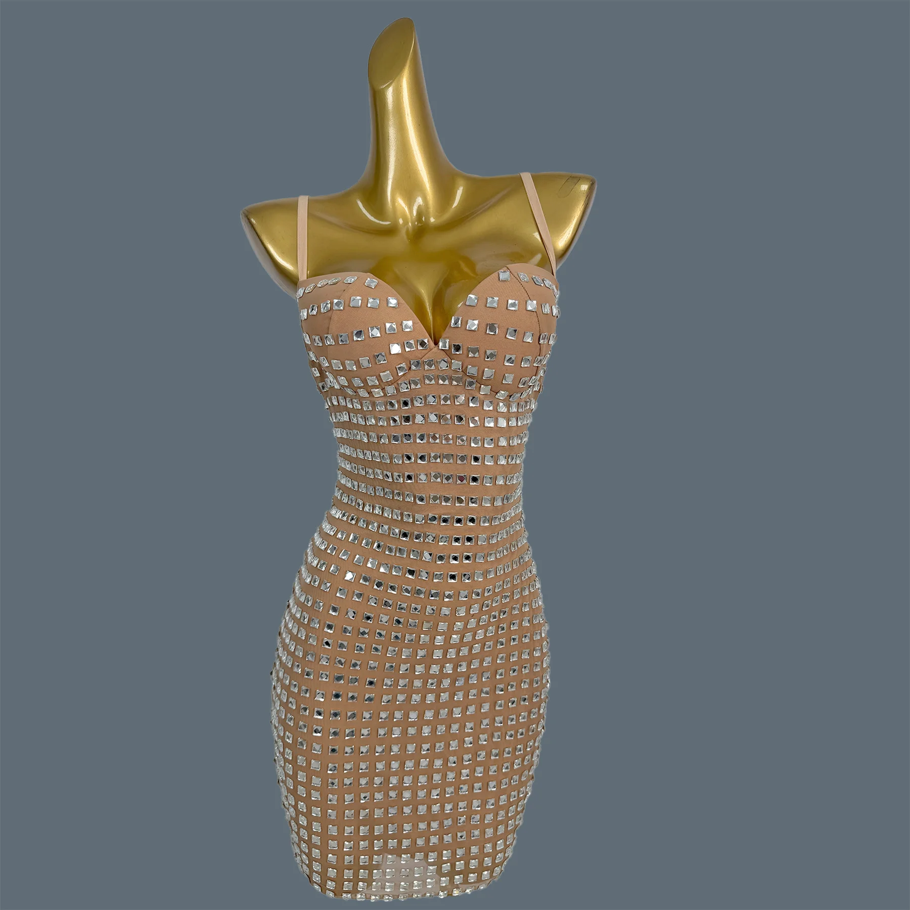 

Fashion Sparkly Silver Rhinestone Low-cut Mini Dress Sexy Women Bandage Dresses Sleeveless Cocktail Dress Elegant Couture Kading