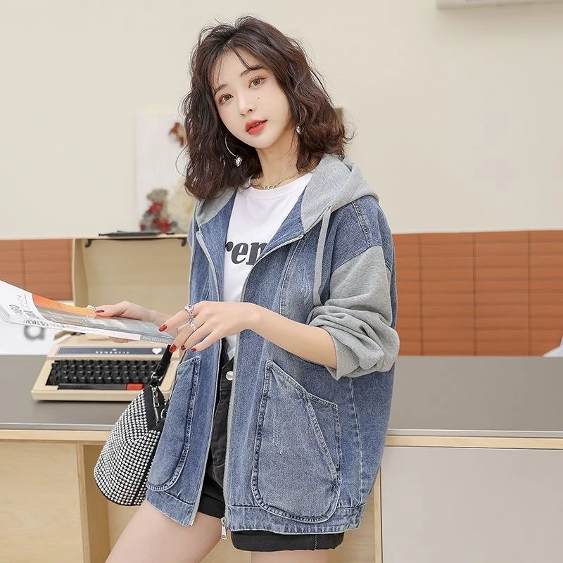 2026 Women's Vintage Denim Jacket Hooded Loose Casual Student Spring Autumn Coat