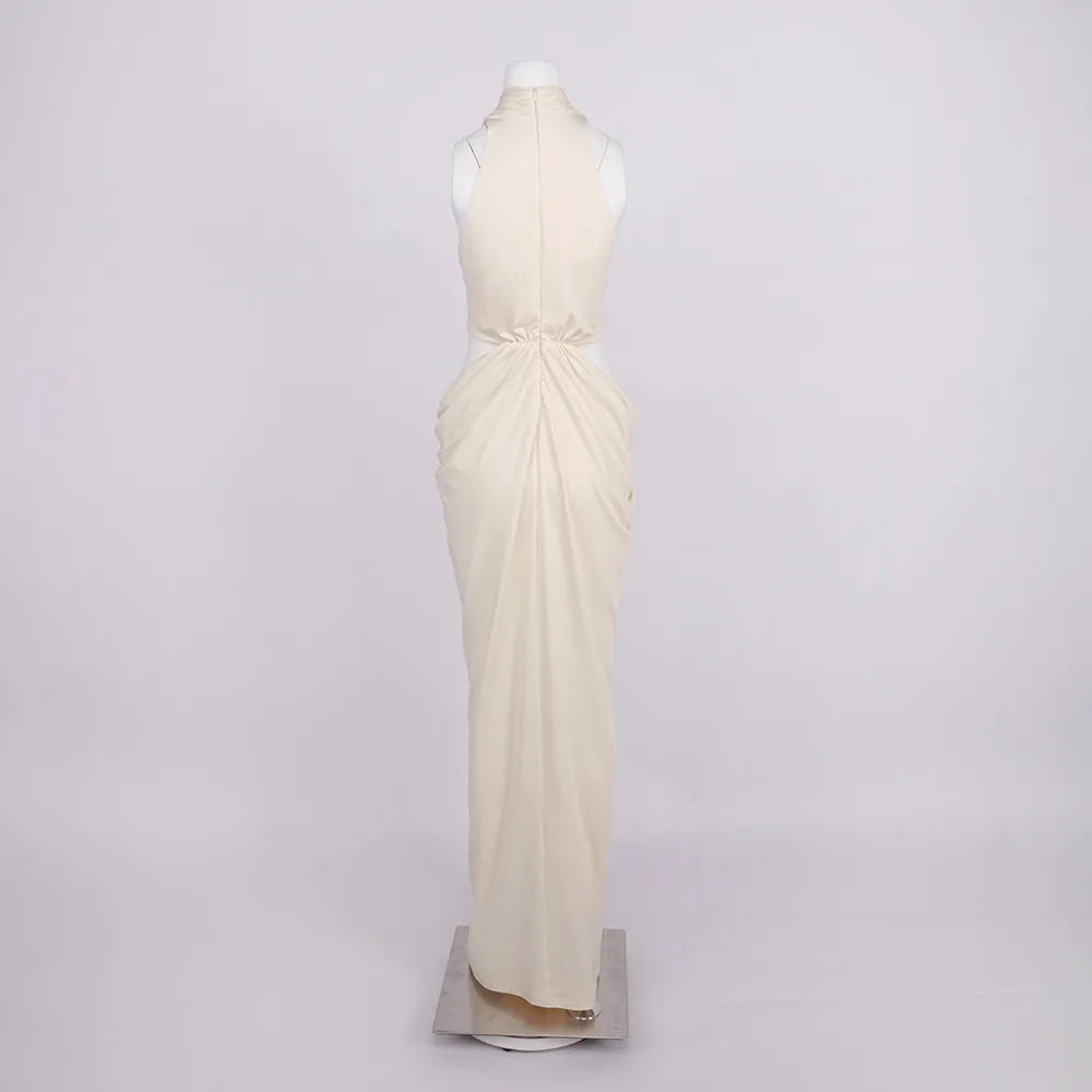 Fashionable Apricot Cutout Waist Twist Knot Maxi Dress Sexy Cold Shoulder Sleeveless Pleated Gown for Beach Holiday Summer Date