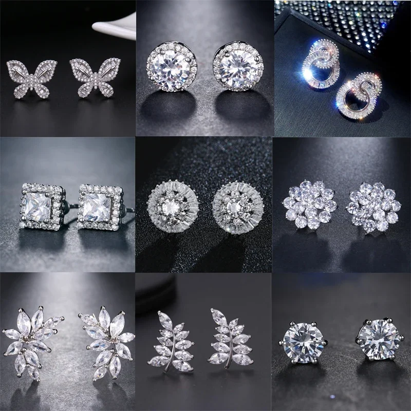 2022 New Fashion Women Classic Shining Silve CZ Stud Earrings for Wome Pink Ears Stud Crystal Valentine\'s Day Gift Jewelry