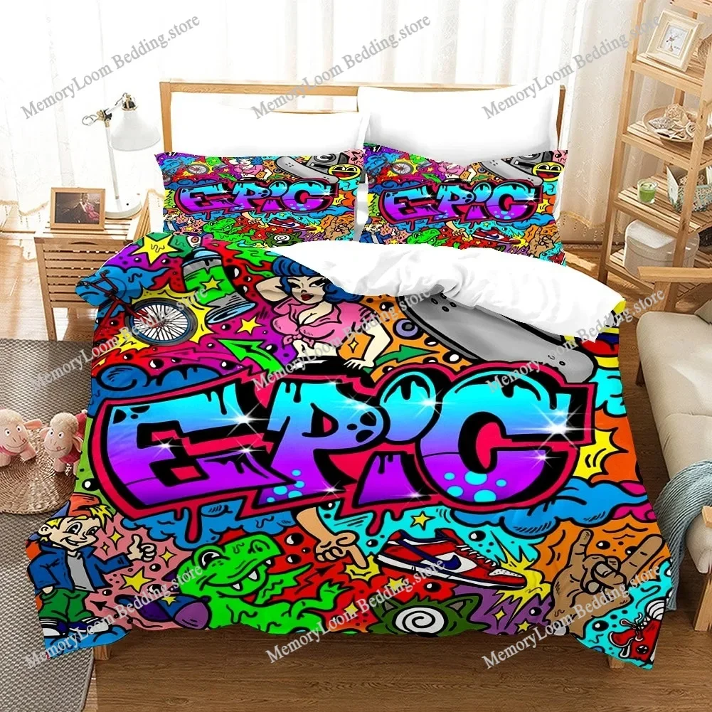 Cartoon Style Hip-Hop Graffiti 3D Printed Duvet Cover Pillowcase Bedding Set, Teenagers Bedroom Decor Bed Kit，Single_Queen Size