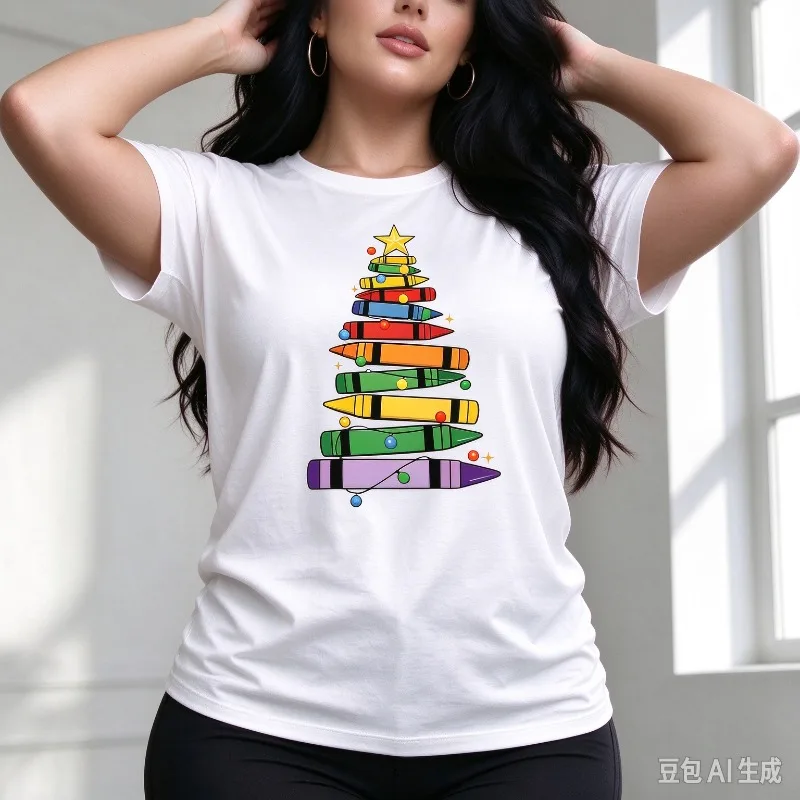 Christmas Tree Shirt for Women Colorful Crayon Star Xmas Graphic Tee Modal Casual Holiday Party Teacher Gift Top