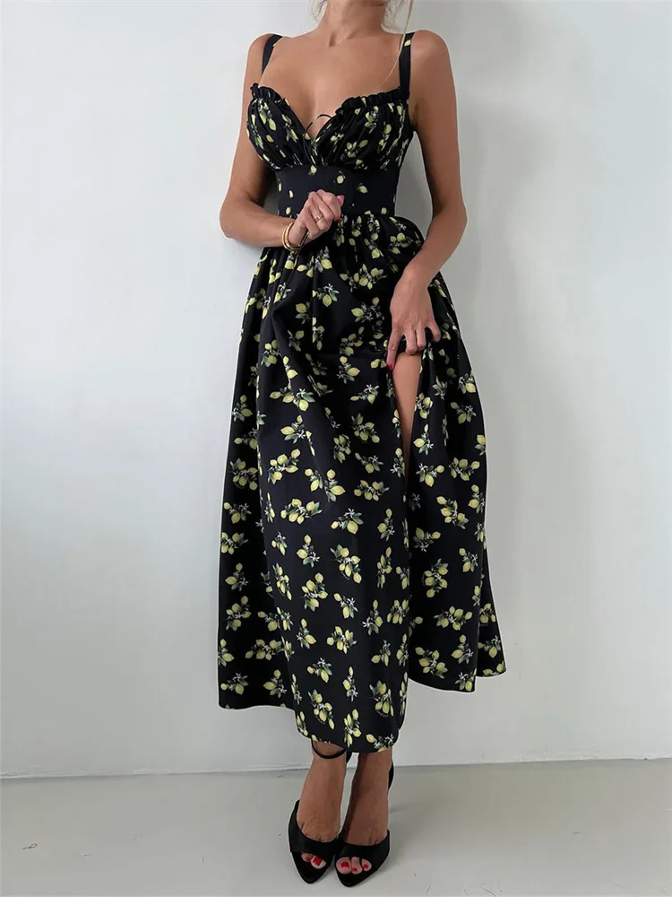 Maxi Women's Dress  V-Neck Printed Elegant  Lace-Up Summer 2025 New Fashion Sleeveless Bodycon Dress Female Contrast Dress