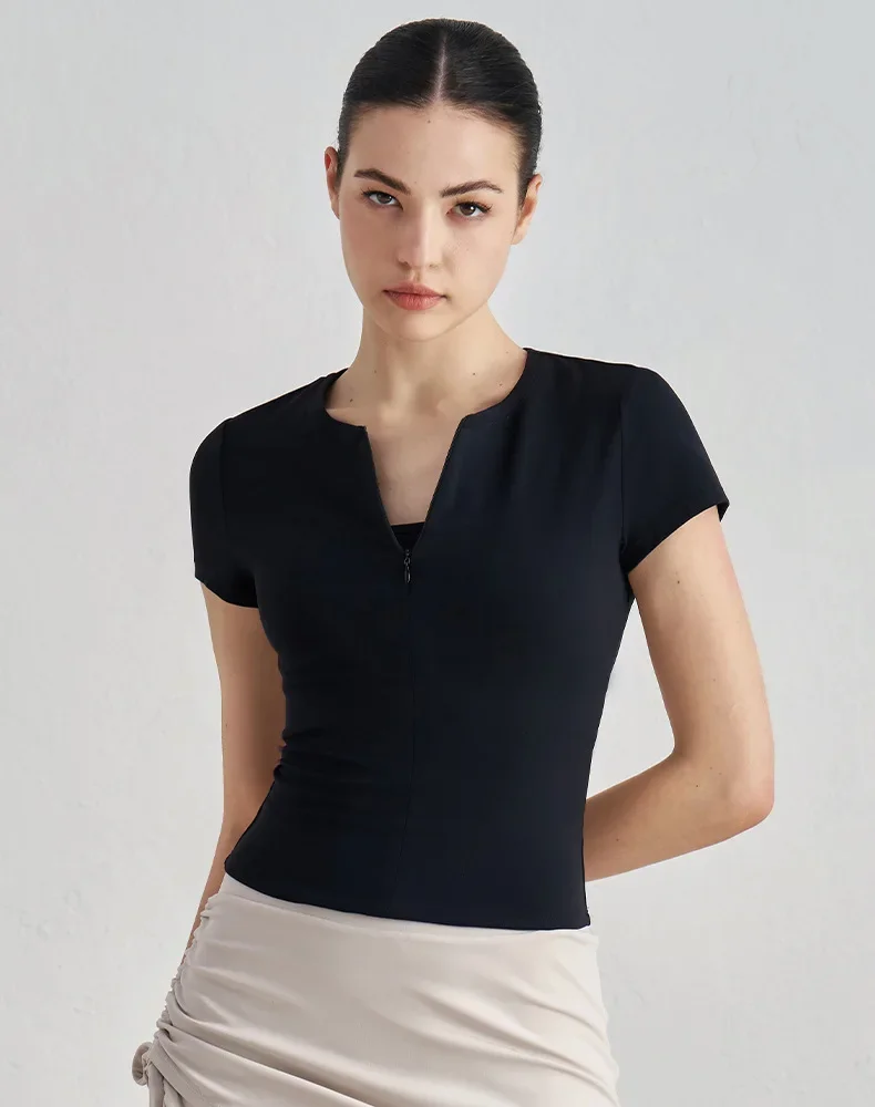 Summer Spring Nude Short Sleeved Women's High-end Round Neck Half Zipper Waist Slimming Sports Yoga Waist Cinching Fitness Top