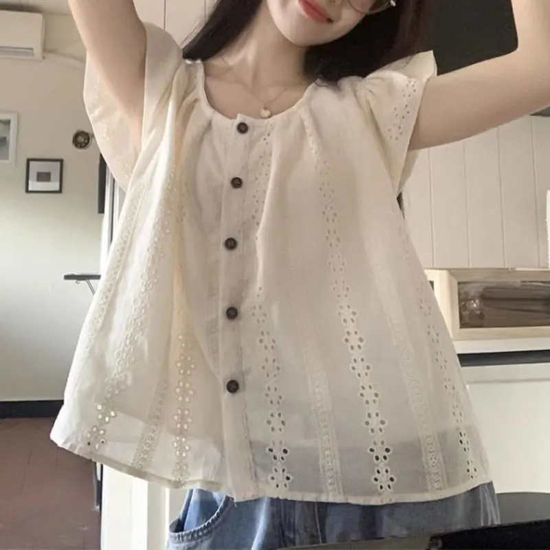 Vintage Lace Hollow Out Shirt Summer New Stylish Flying Sleeve Female Clothing Commute Single-breasted Solid Color Casual Blouse