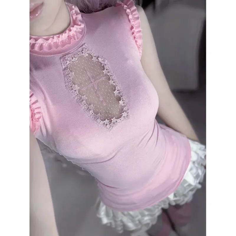 

Summer Sexy Hollowed Out Cutecore Pink Blue Tops Sleeveless Casual T-shirts Women Harajuku Y2K Vintage Punk Gothic Cotton Tops
