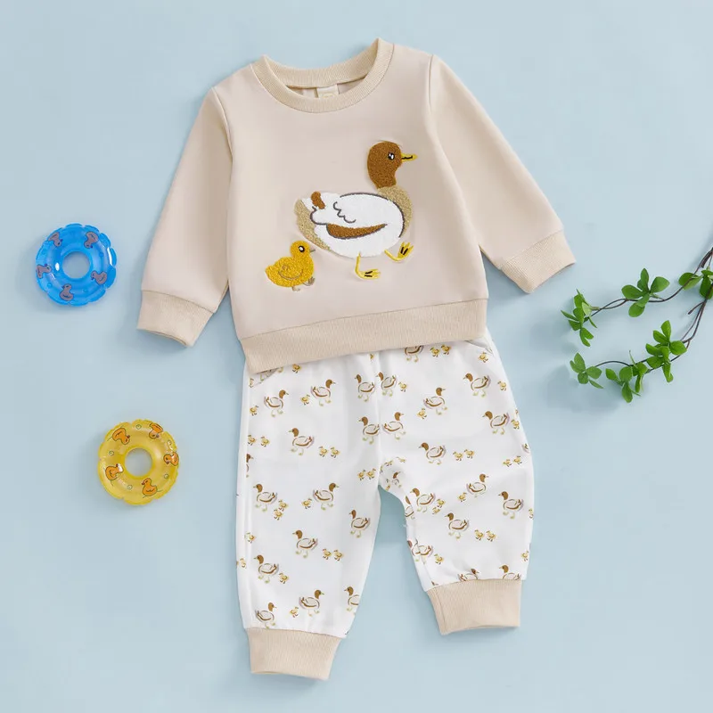 

3 Months to 3 Years Baby Boy Pant Sets Spring Autumn Clothes Long Sleeve Round Neck Duck Embroidery Tops Drawstring Pants