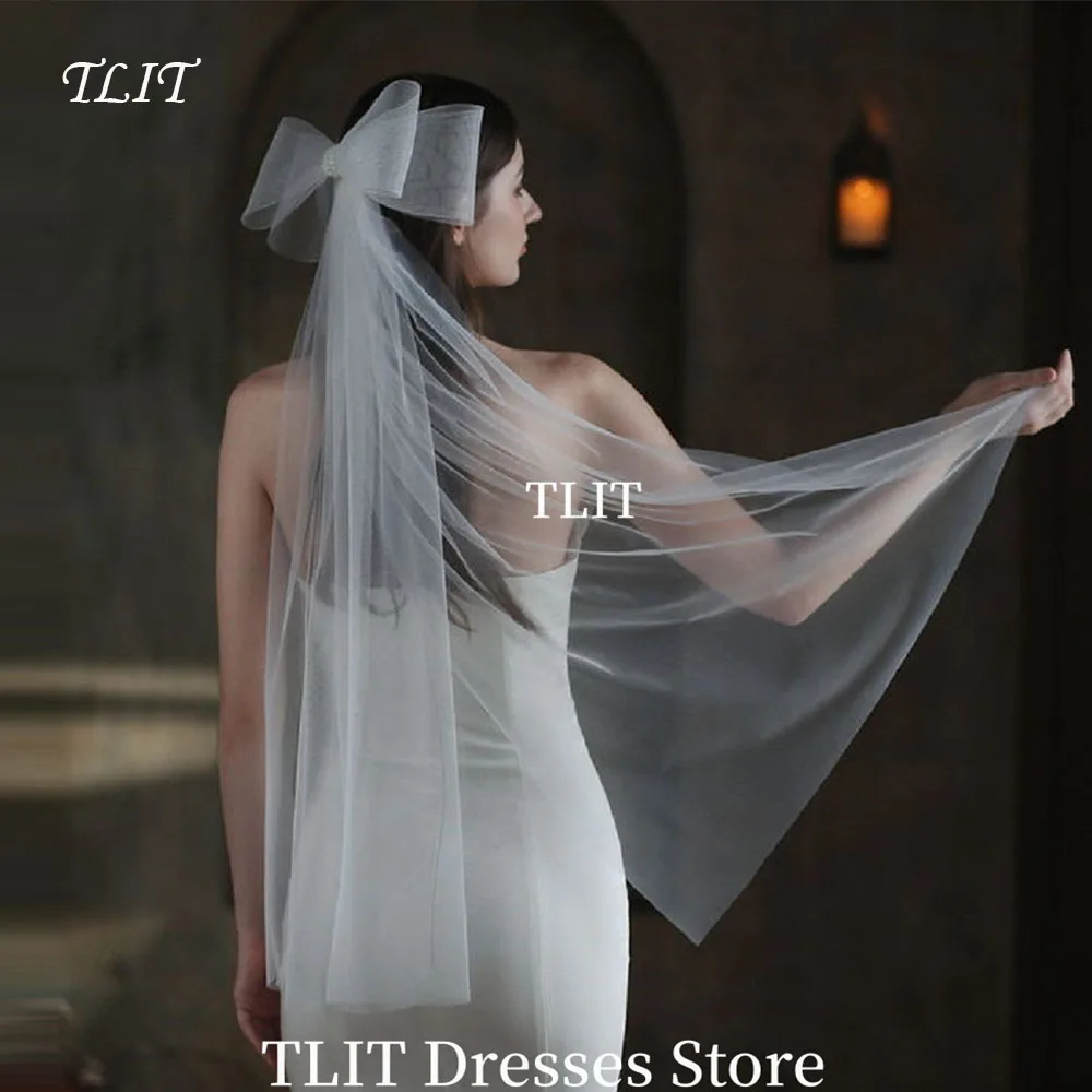 

TLIT Элегантная двухслойная свадебная фата для невесты с коротким кончиком пальца, фата из тюля, головной убор и обрезанный край, индивидуальный большой бант для женщин