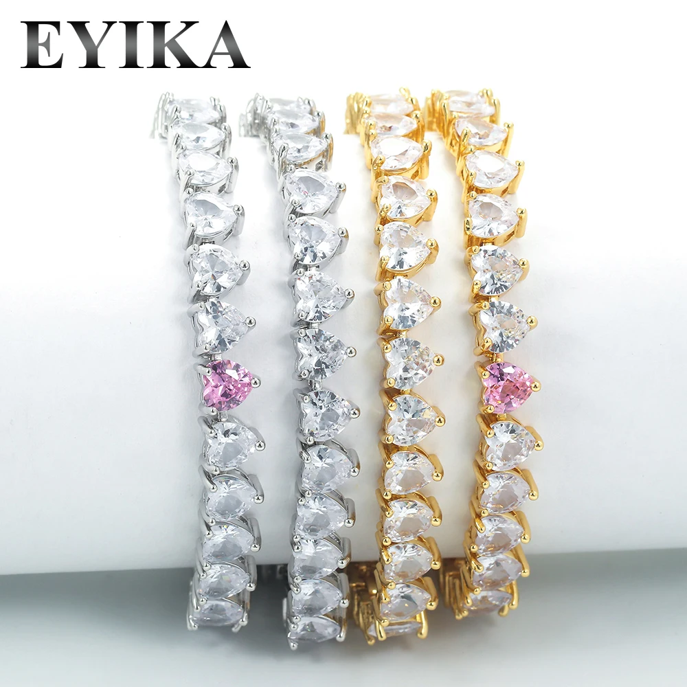 EYIKA Luxury Design Link Peach Heart Pink White Zircon Tennis Bracelet for Women Girl Party Aesthetic Jewelry Accessories Gift