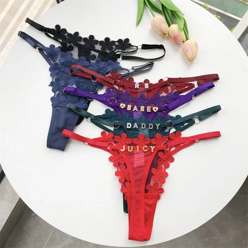 Customized Sexy Mesh Thongs with Name Letter Personalized Flower Design Tangas G-Strings for Women Unique Gift Girlfriend Wife