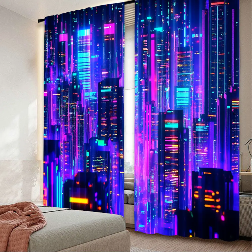 2Pcs Retro 80S Modern Punk Night City Curtain Futuristic Aesthetic Apply To Bedroom Living Room Office Dormitory A