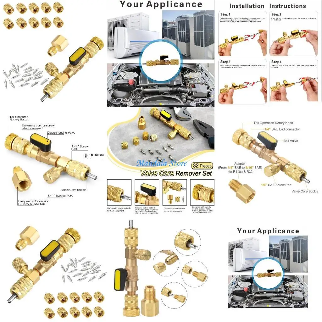 

U2JC Adapter Remover Installer Tool Air Conditioner Adapter Removal Tool with Double Size 1/4 5/16 Port for R22 R134A R410