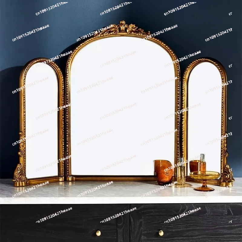 Suitable for Bedroom Vanity Mirror Desktop Desktop Home Folding Three-sided Mirror,Retro Tri-fold Mirror Carved Vanity,