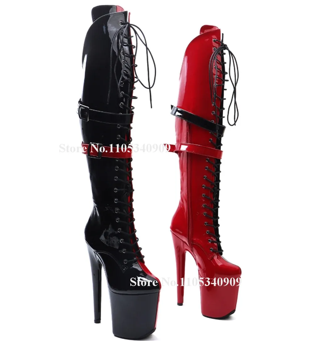Bondarenko Sexy Red-black Mixed-colors Stiletto Heel Over Knee Round Toe Lace-up Straps Buckles High Platform 20cm Dance Shoes