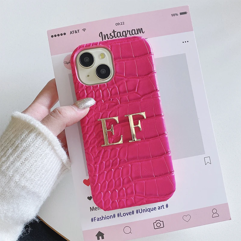 Personalized name crocodile leather Phone case initials metal letter for iPhone17 16 15 14 13 12 11Promax 16e protective Cover
