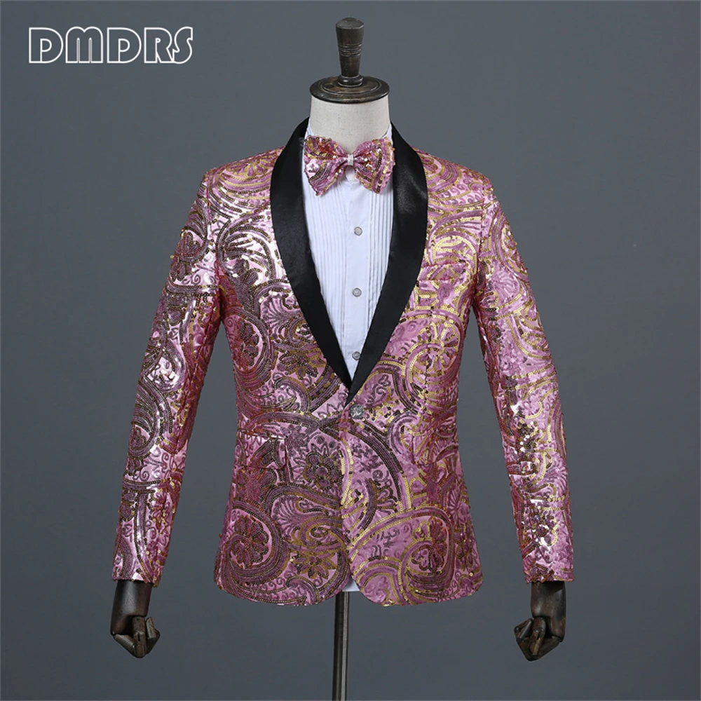 

One Button Sequined Costume Suit Blazer For Men With Bow-tie Shawl Neck Fashion Men's Suit Jacket For Wedding Prom Party