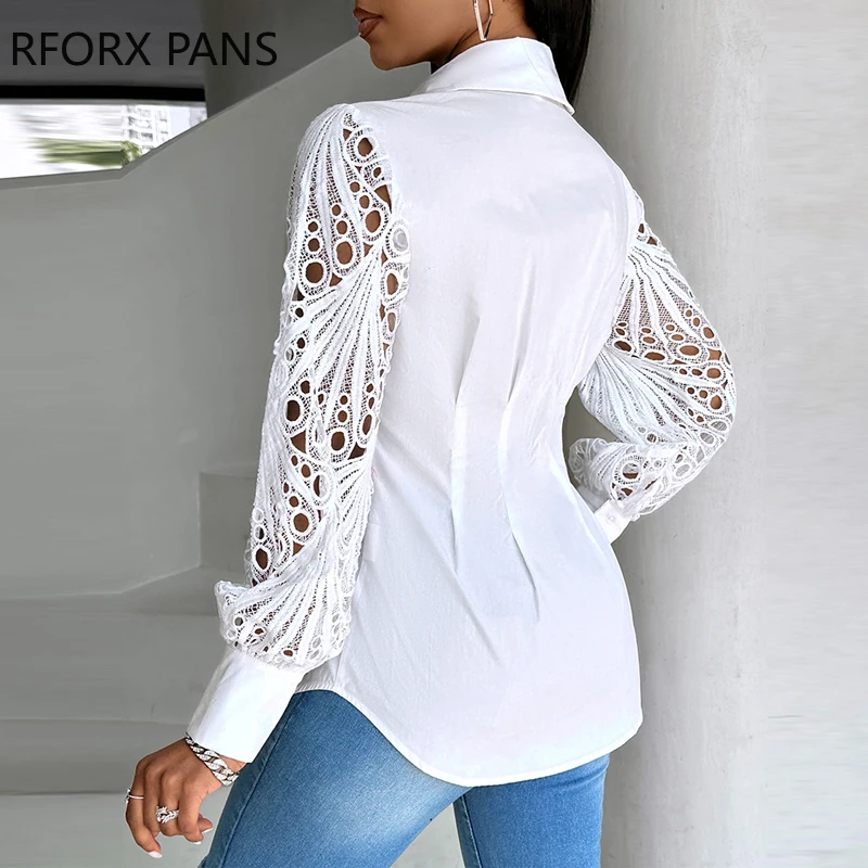 Women Chic Turn Down Neck Hook Flower Hollow Sleeves Button Casual White Blouses Tops