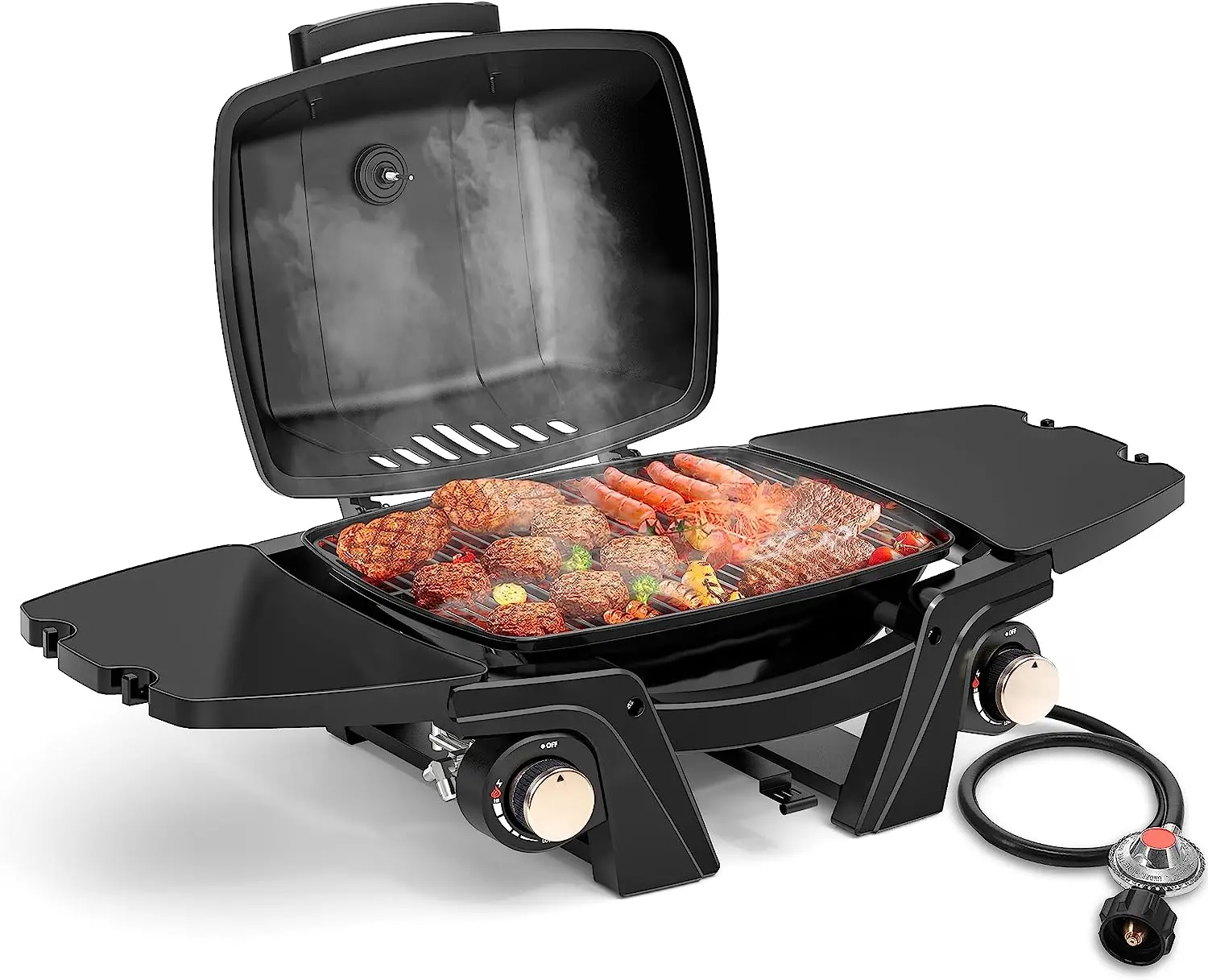 Certified Portable 2-Burner  BBQ Grill with Removable Side Tables, Cast Iron Griddle, Outdoor Camping & RV Cooking