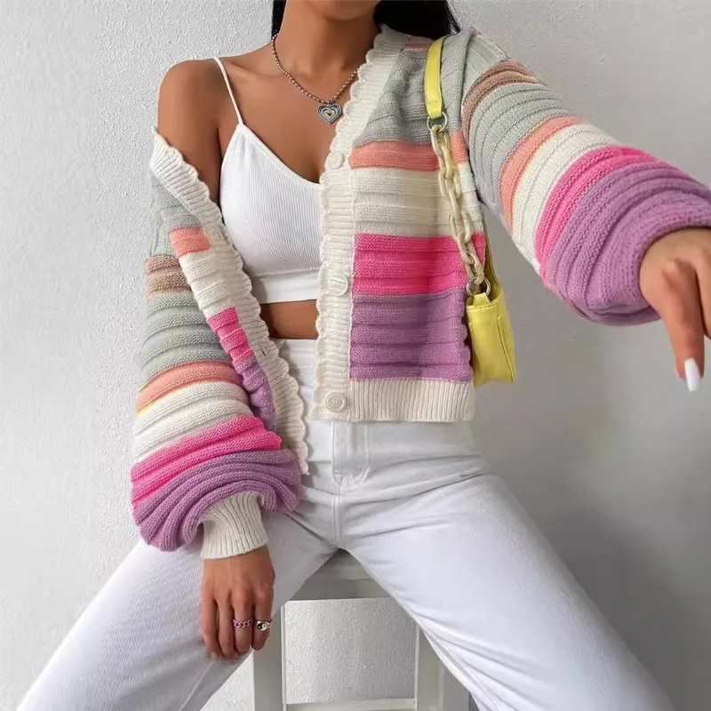 

Knitted Cardigan Temperament 2024 Autumn/Winter Color Blocked Sweater Jacket Women's Rainbow Striped Lantern Sleeve Knit Coat