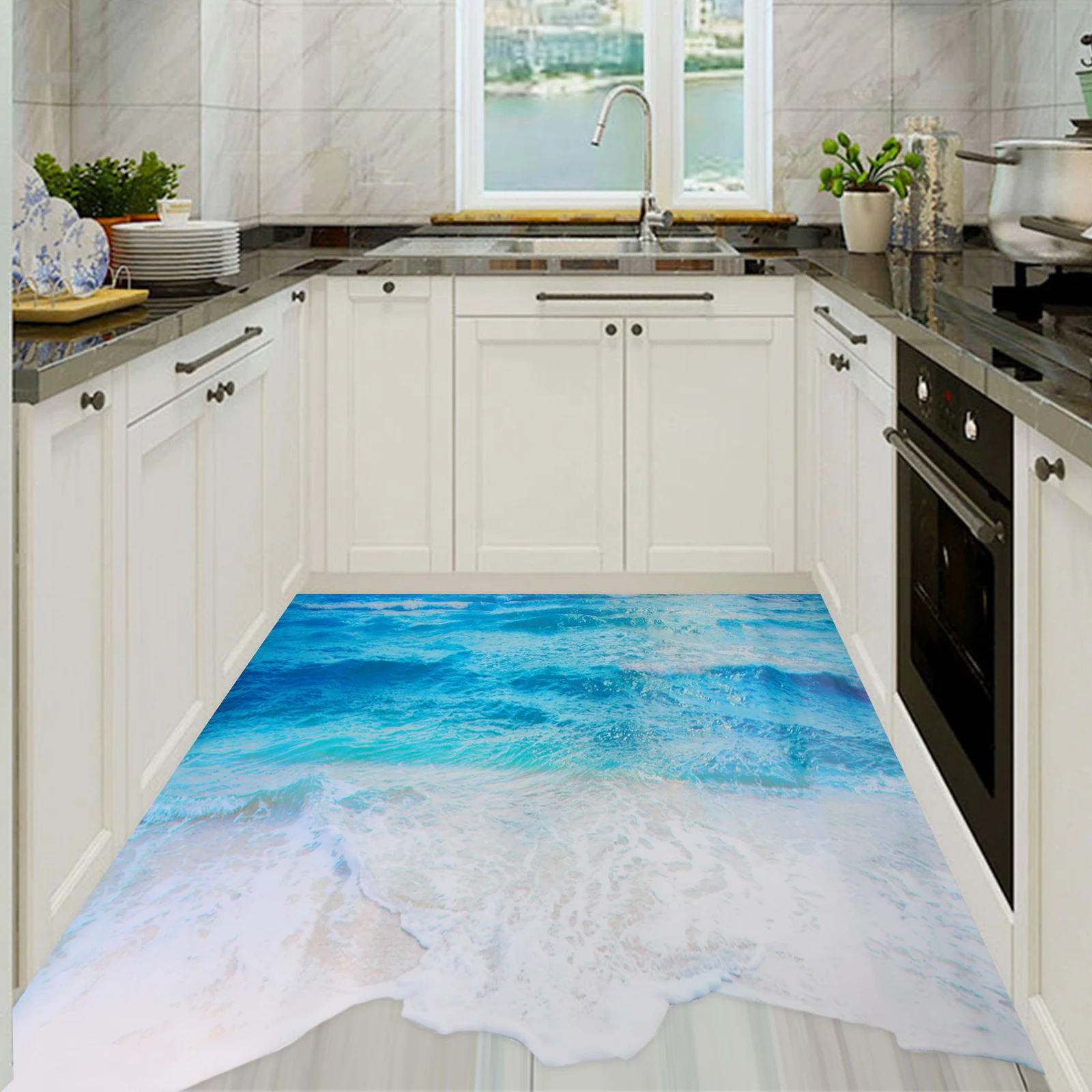 Autocollants 3D Vagues de Plage, Murales, Impressions Murales, Autocollants de Sol pour Salons, Cuisines, Salles de Bain et Murs de Bureau