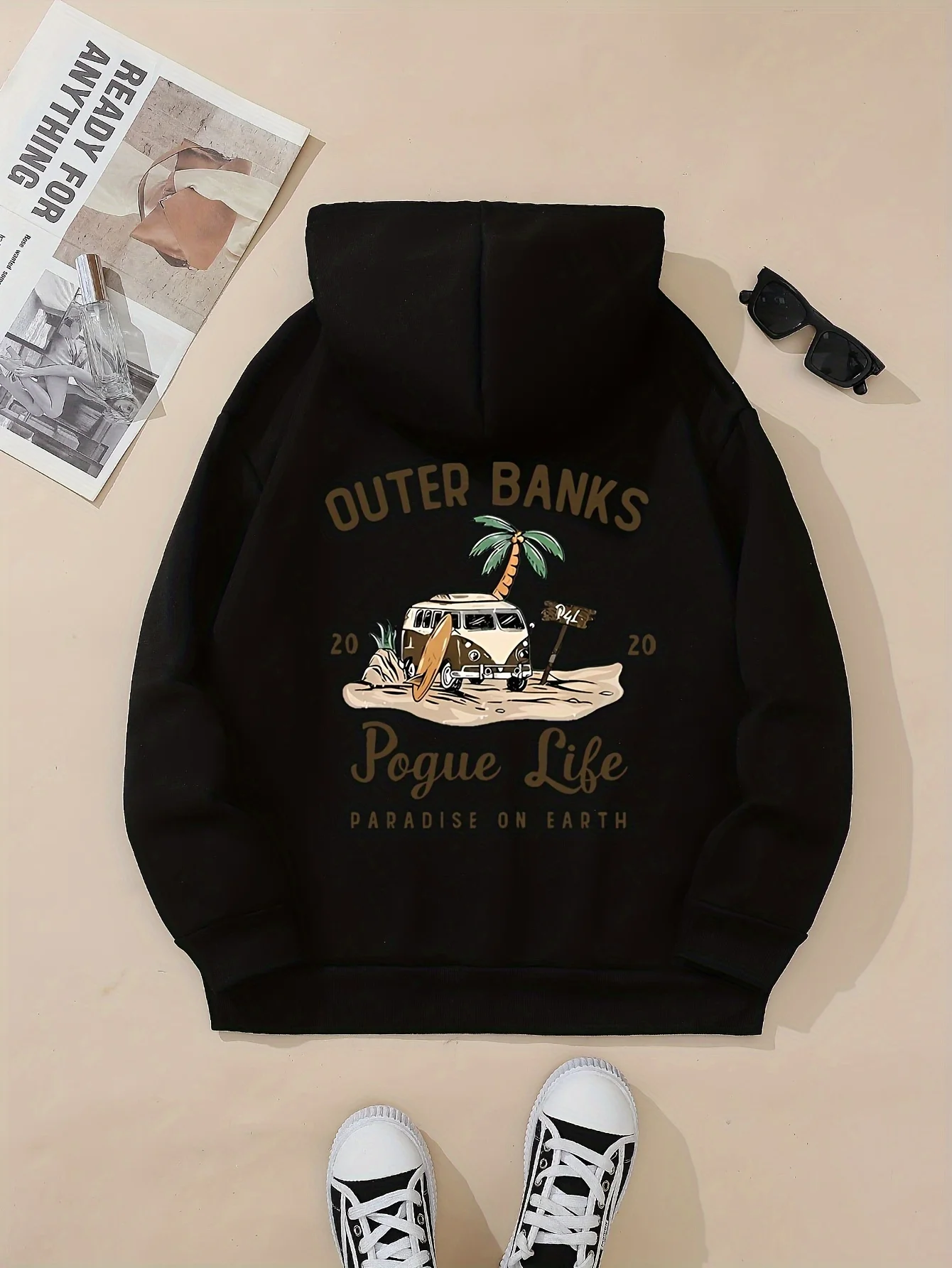 Outer Banks Pogue Life Letter Print Praia Gráfico Canguru Bolso Aconchegante Vestuário de Outono Na Moda Aconchegante Moletom Com Capuz Feminino Casual