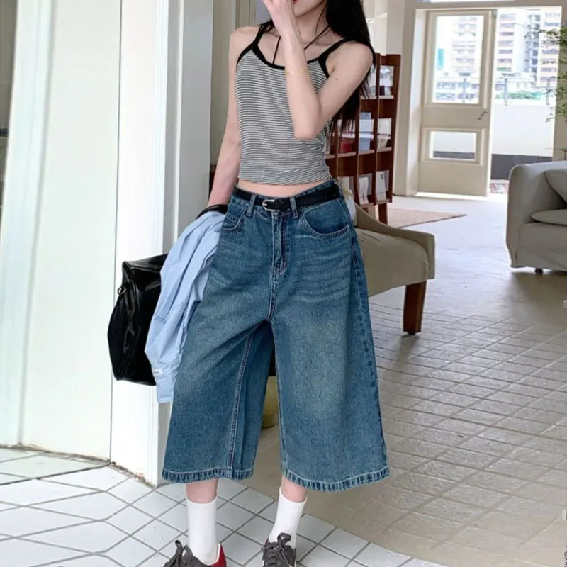 Sommer-Damenhose, locker geschnitten, Übergröße, gerade geschnittene Hose, Retro-Weites-Bein-Jeans, Cropped-Jeans für Mädchen, neuer Stil, für birnenförmige Figur, kaschiert Körperfett