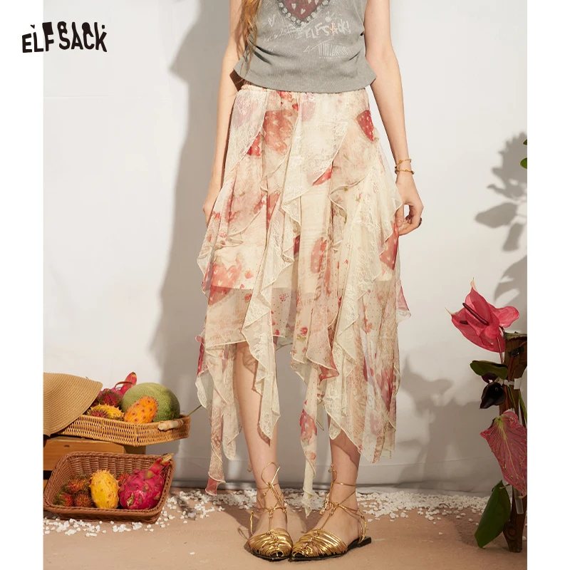 ELFSACK Women's Romantic Floral Print Ruffle Asymmetrical Maxi Skirt, High Waist Flowy Chiffon Skirt, Summer Casual Skirt
