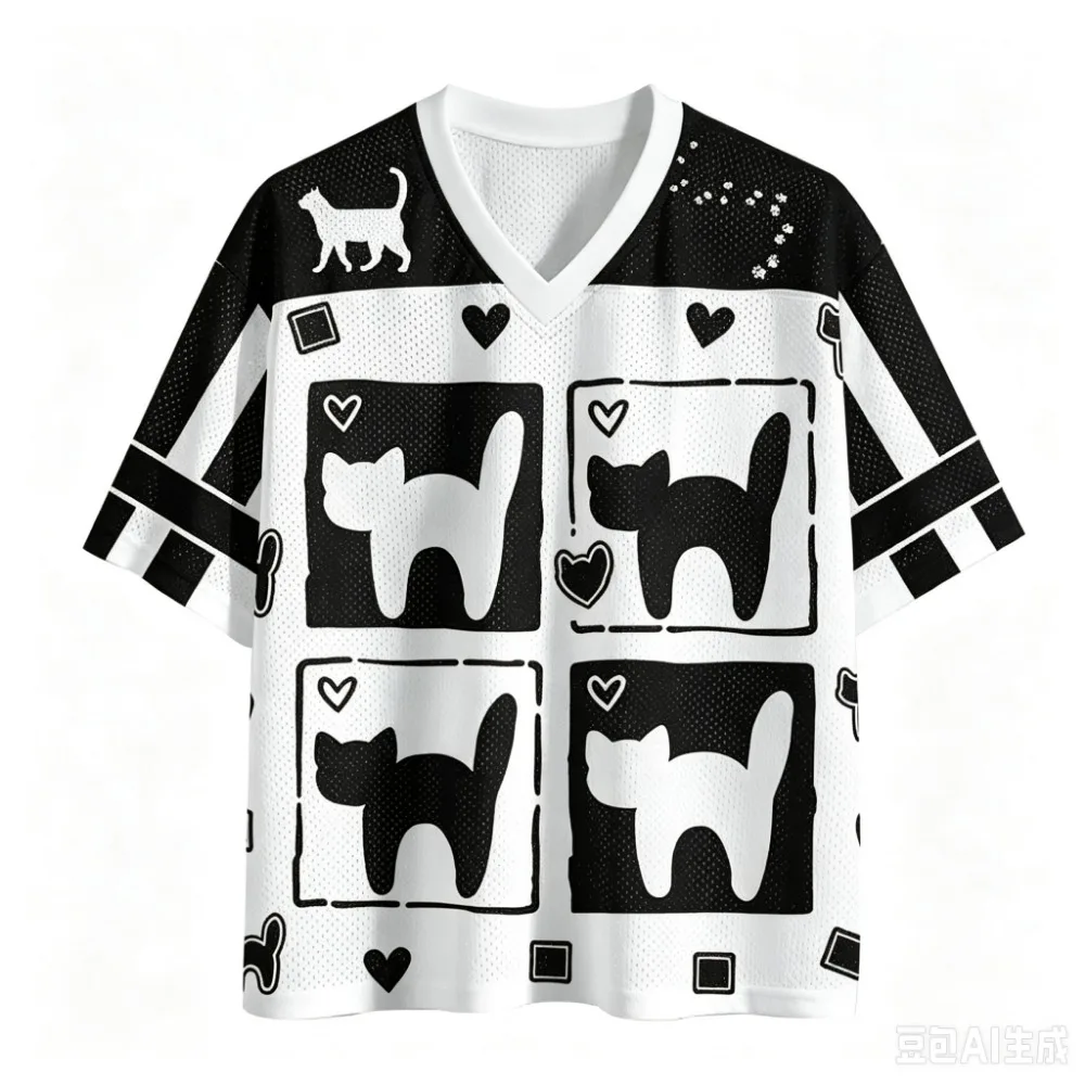 Summer Fashion New Design Red and White Cat Squares 3D Printed Men Women's  V-Neck Sports T-Shirt Streetwear Y2K Family Clothing