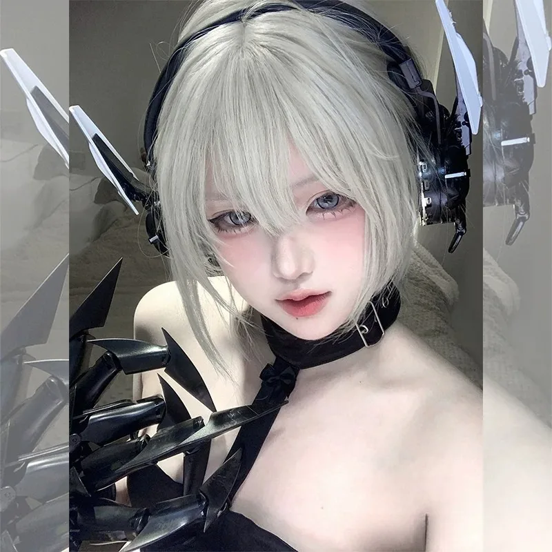 Y2K Silver White Short Straight Full Wig Heat‑Resistant Synthetic Hair Sleek Bob Style Wig for K‑Pop Idol Look Party Photoshoot