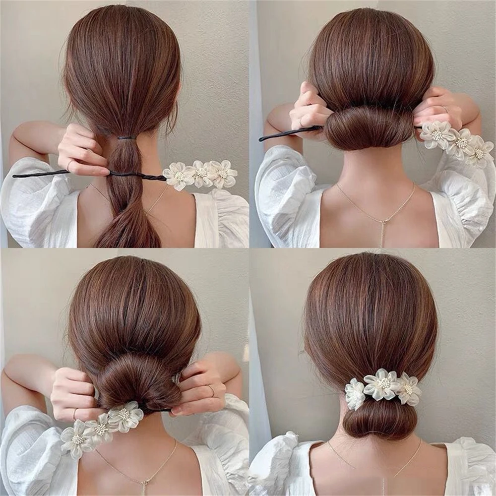 Elegant Fashion Yarn Flower Hairpin Bun Maker Twist Headband Lazy Hair Accessories Women Meatball Head Hair Curler Hair Stick