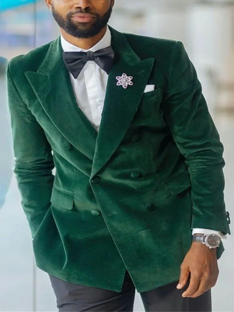 Green Velvet Suits For Men With Double Breasted Slim Fit 2 Piece Blazer With Black Pants Male Wedding Groom Tuxedo 2025